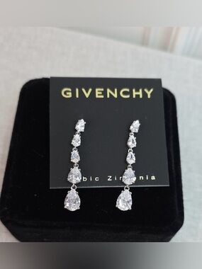 Givenchy Silver Teardrop Linear CZ Earrings - White Crystal- NWT
